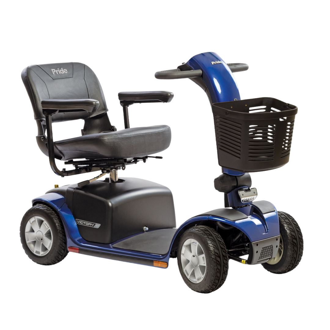 The Pride Mobility Victory® 10 4-Wheel Scooter with EZ Turn features a blue and black design, cushioned seat, armrests, front basket, and sturdy tires for reliable personal transportation assistance.